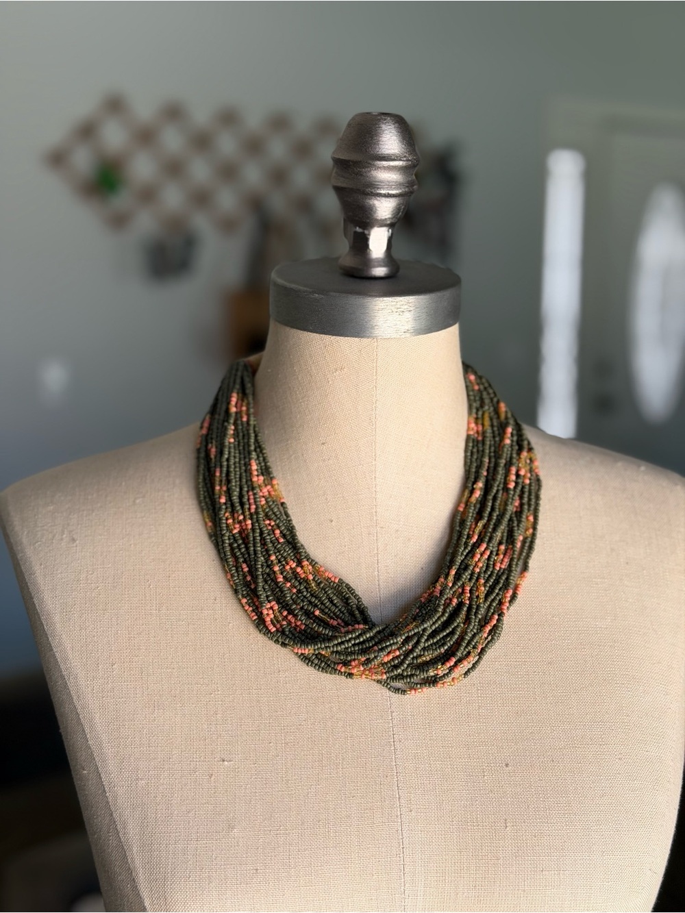 Multi Strand Seed Bead Statement Choker Necklace Olive Green Coral Orange Boho